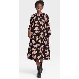 Who What Wear Women's Dress Black Floral Midi Long Sleeve Size S